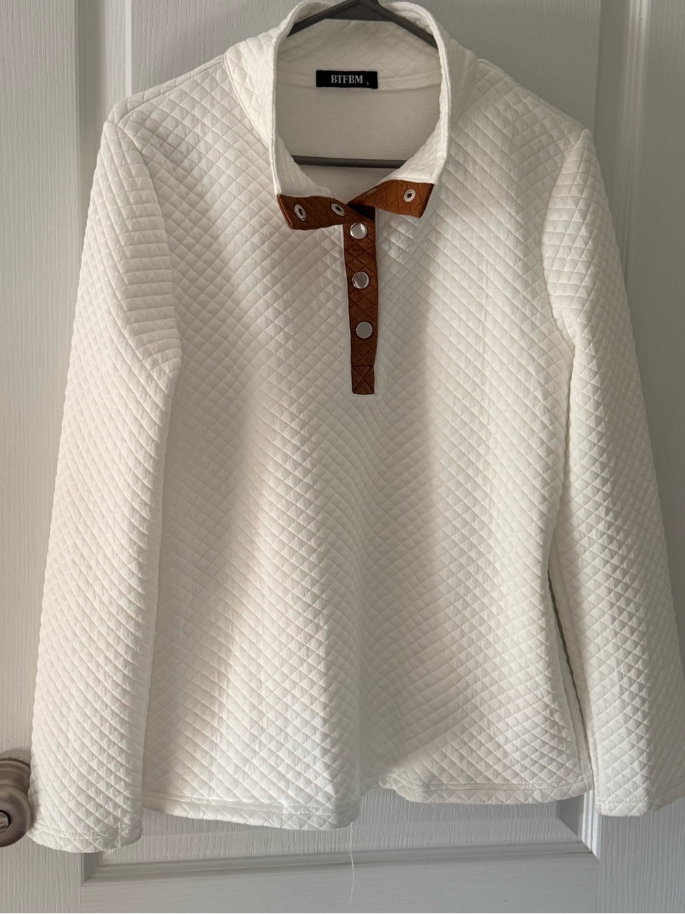 White Quilted Long-Sleeve Top with Brown Accent